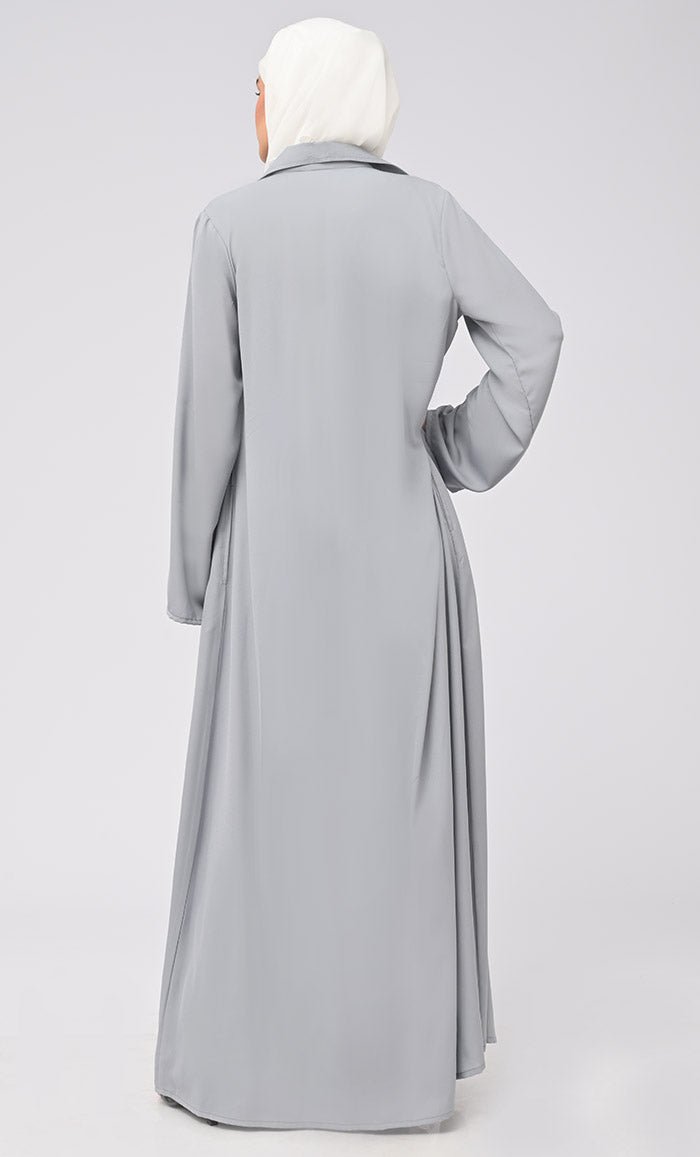 Women's Abaya With Smoking Detailing Inner And Button Down Bisht/Shrug With Pockets - EastEssence.com
