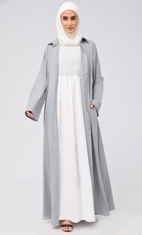 Women's Abaya With Smoking Detailing Inner And Button Down Bisht/Shrug With Pockets - EastEssence.com