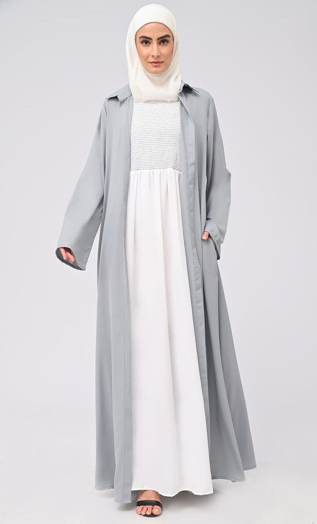 Women's Abaya With Smoking Detailing Inner And Button Down Bisht/Shrug With Pockets - EastEssence.com
