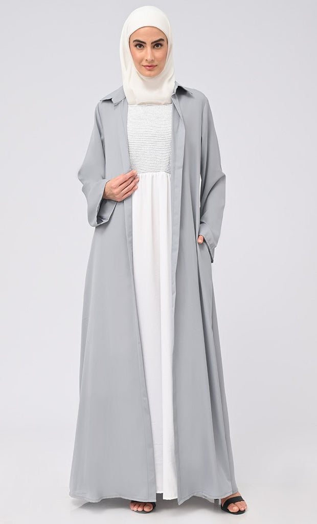 Women's Abaya With Smoking Detailing Inner And Button Down Bisht/Shrug With Pockets - EastEssence.com