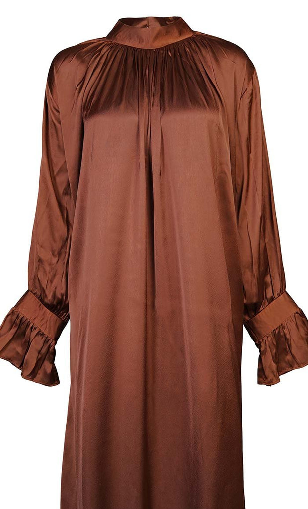 Women's Beautiful Brown Satin Abaya With Pockets - EastEssence.com