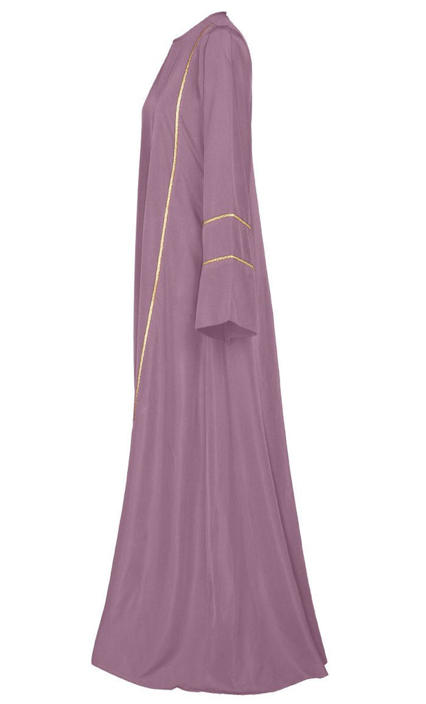 Women's Beautiful Lavender Abaya With Golden Lace Detailing And Included Pockets - EastEssence.com
