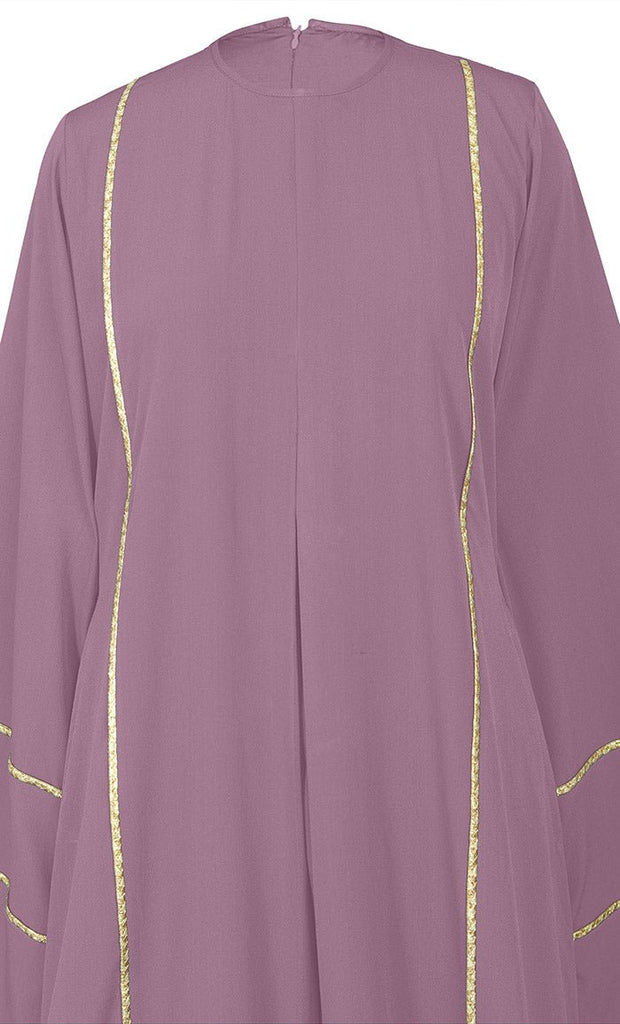 Women's Beautiful Lavender Abaya With Golden Lace Detailing And Included Pockets - EastEssence.com