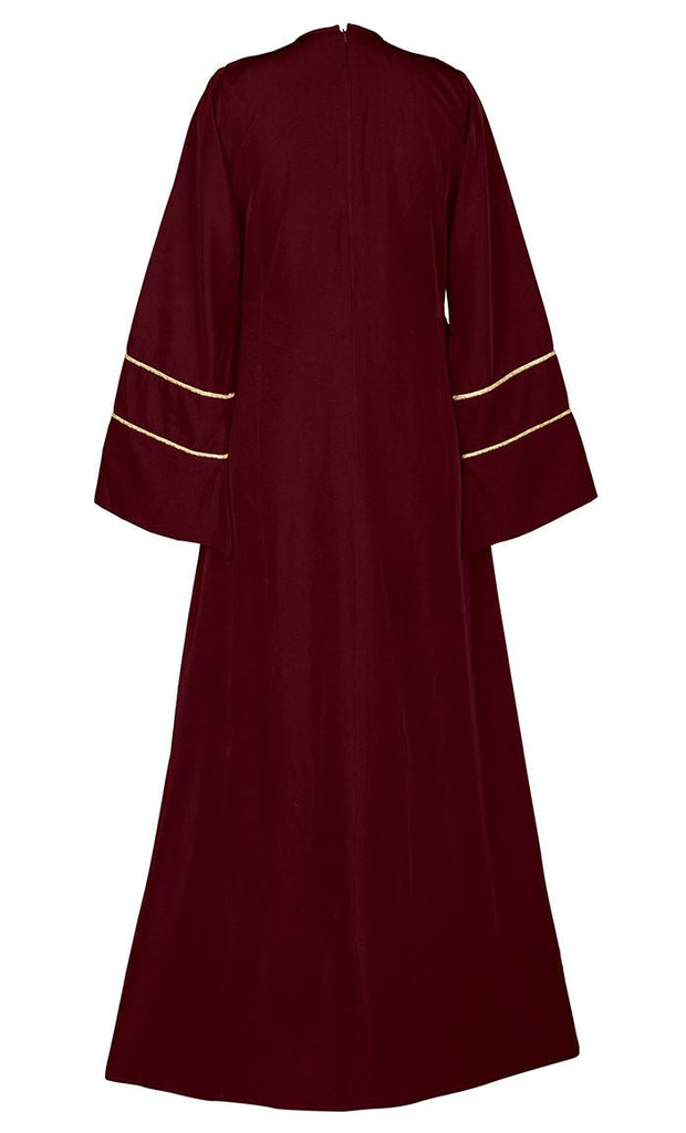 Women's Beautiful Maroon Abaya With Golden Lace Detailing And Included Pockets - EastEssence.com