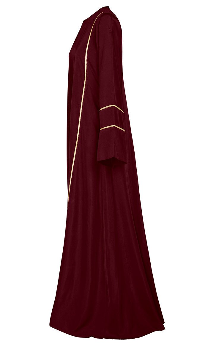 Women's Beautiful Maroon Abaya With Golden Lace Detailing And Included Pockets - EastEssence.com