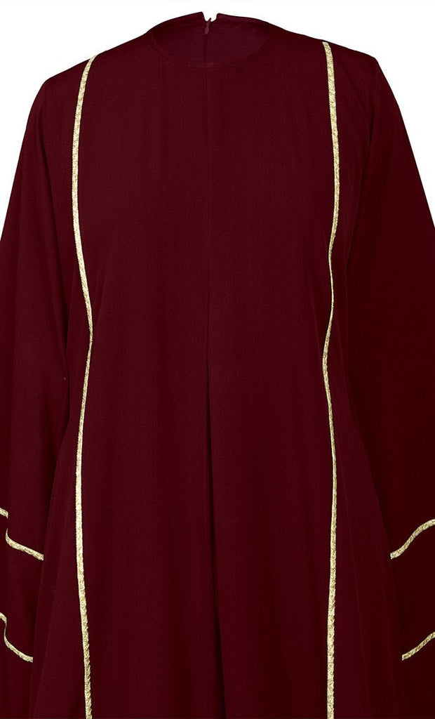 Women's Beautiful Maroon Abaya With Golden Lace Detailing And Included Pockets - EastEssence.com