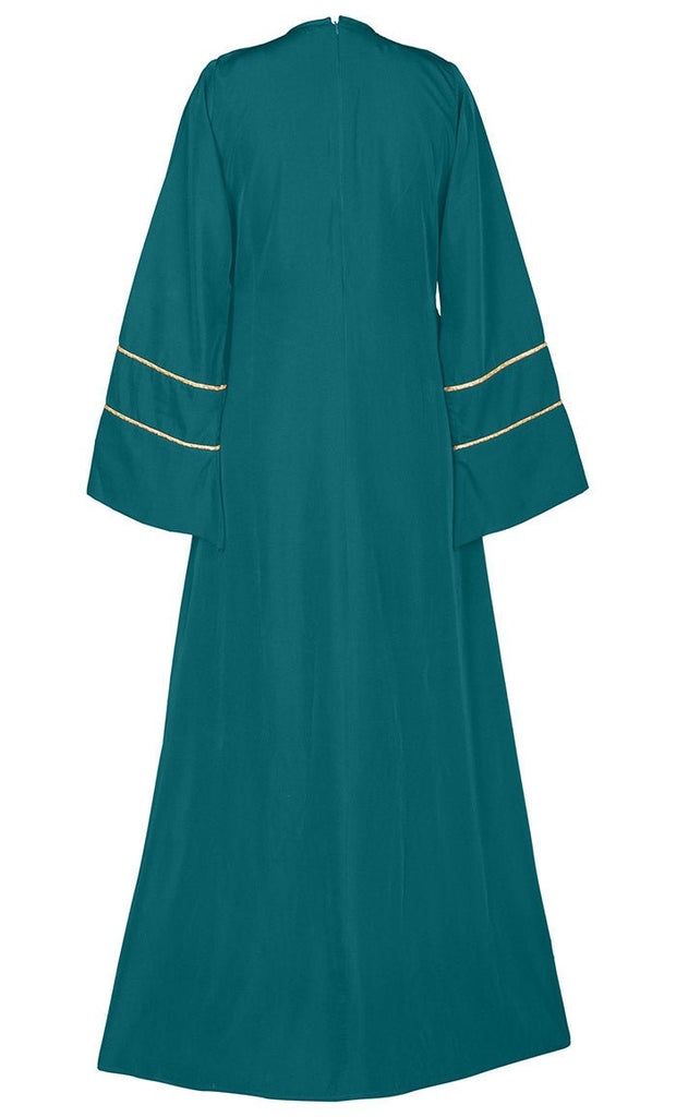 Women's Beautiful Teal Abaya With Golden Lace Detailing And Included Pockets - EastEssence.com