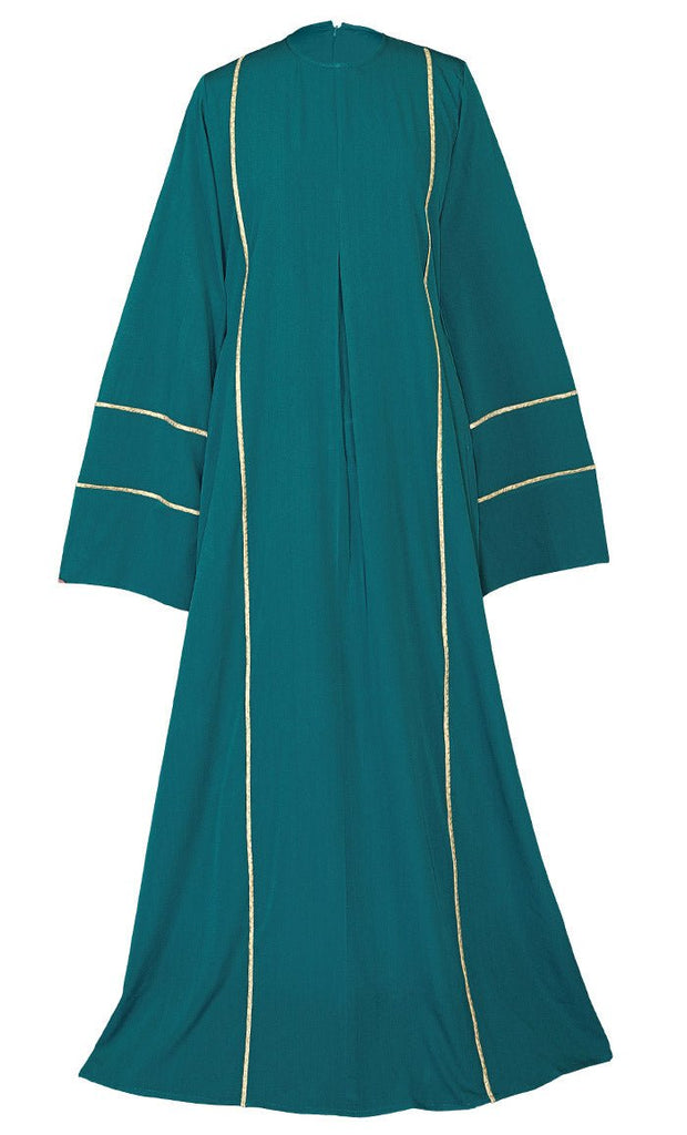 Women's Beautiful Teal Abaya With Golden Lace Detailing And Included Pockets - EastEssence.com
