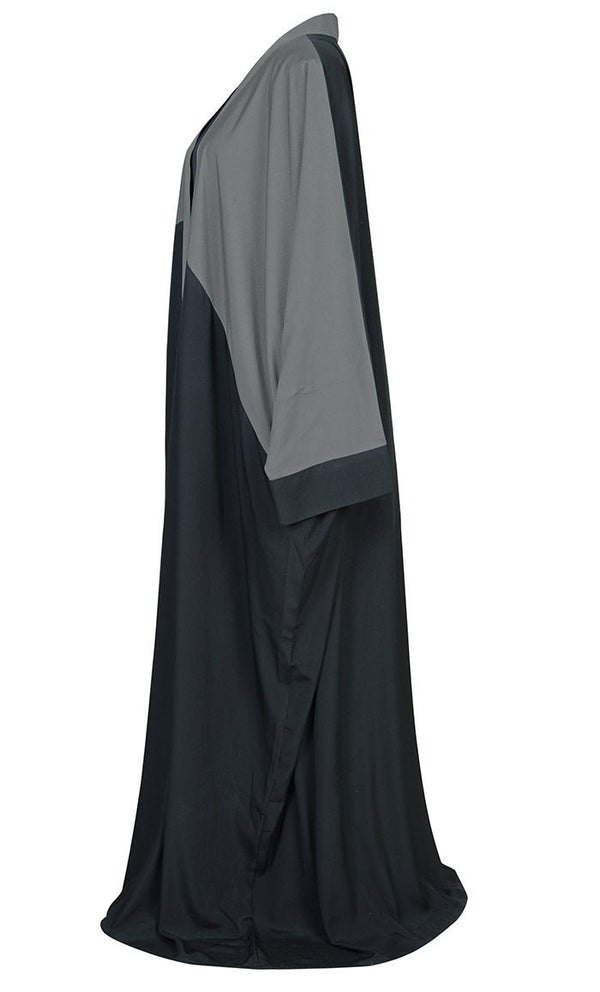 Women's Bisht Style Detailing Black And Grey Crepe Abaya With Pockets - EastEssence.com