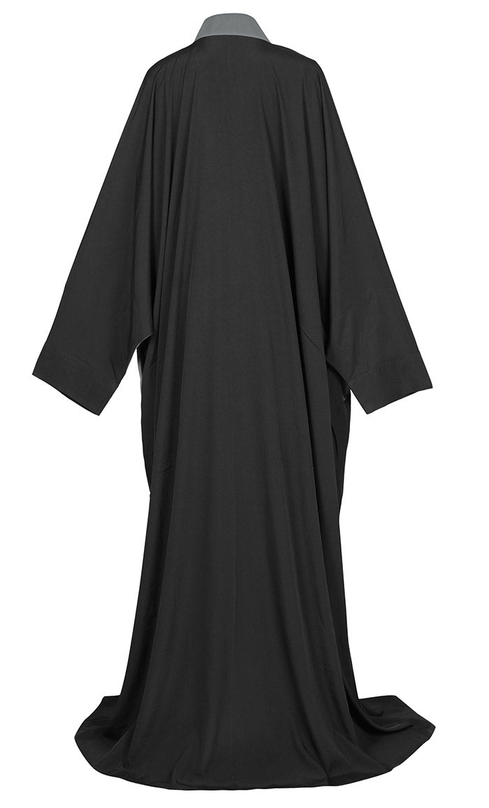 Women's Bisht Style Detailing Black And Grey Crepe Abaya With Pockets - EastEssence.com