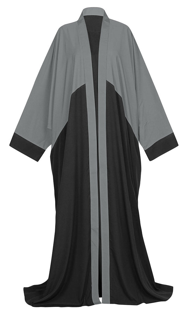 Women's Bisht Style Detailing Black And Grey Crepe Abaya With Pockets - EastEssence.com