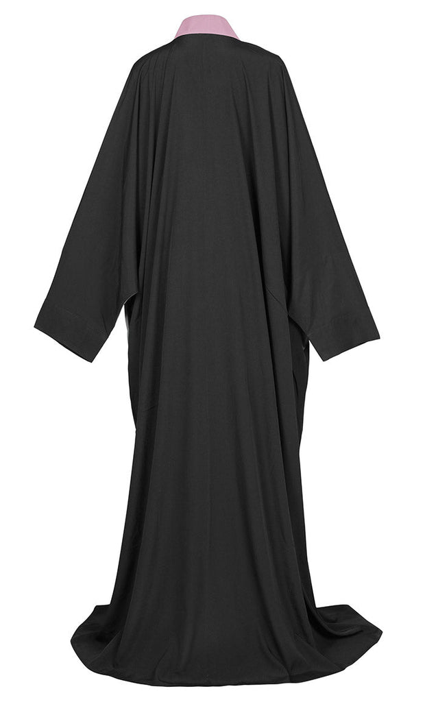 Women's Bisht Style Detailing Black And Rose Dust Crepe Abaya With Pockets - EastEssence.com