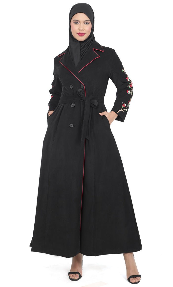 Women's Black Button Down Embroidered Corduroy Abaya - EastEssence.com
