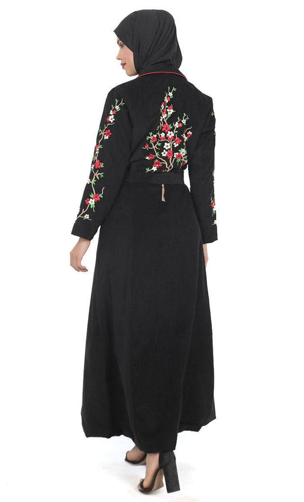 Women's Black Button Down Embroidered Corduroy Abaya - EastEssence.com