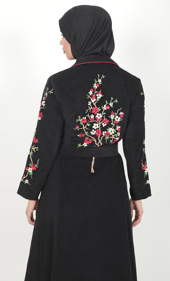 Women's Black Button Down Embroidered Corduroy Abaya - EastEssence.com