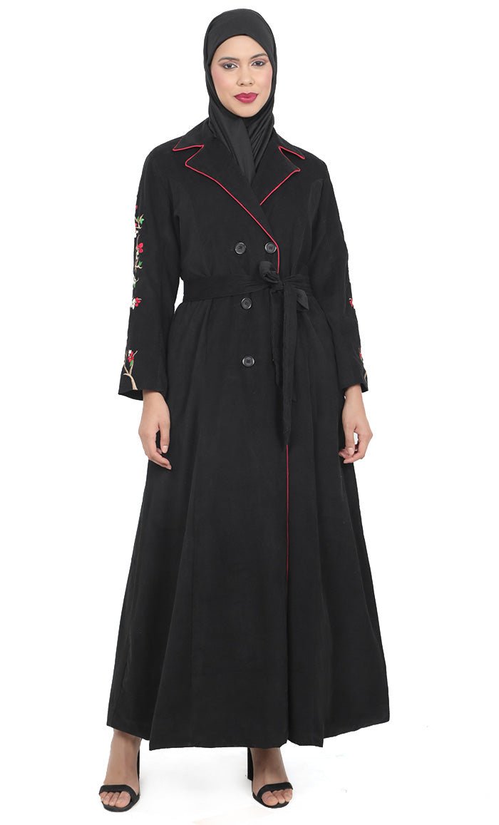 Women's Black Button Down Embroidered Corduroy Abaya - EastEssence.com