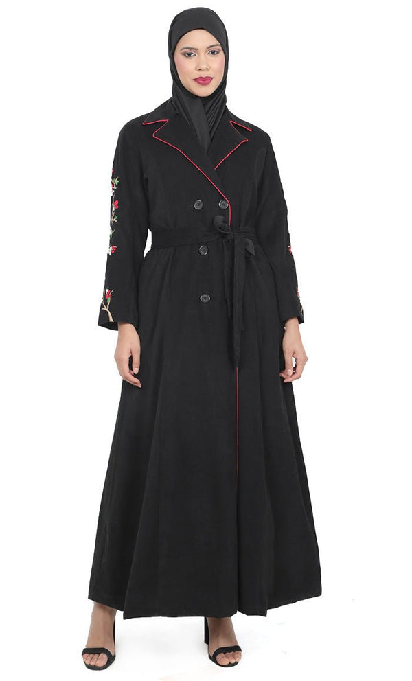 Women's Black Button Down Embroidered Corduroy Abaya - EastEssence.com
