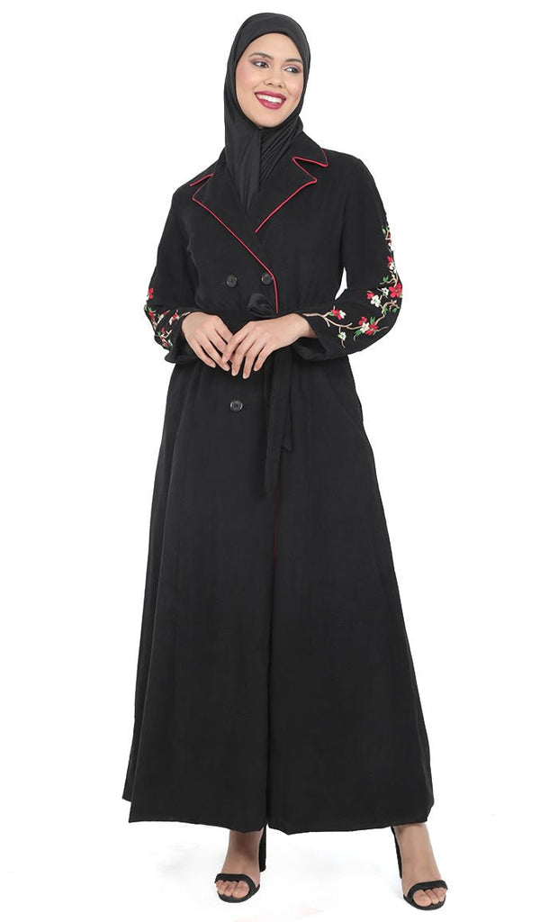Women's Black Button Down Embroidered Corduroy Abaya - EastEssence.com