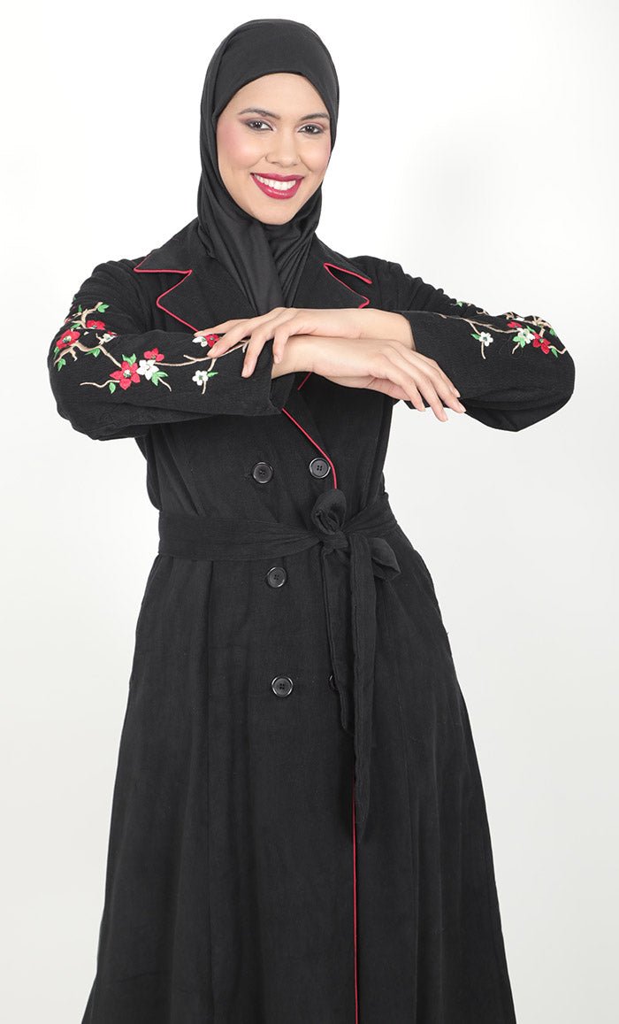 Women's Black Button Down Embroidered Corduroy Abaya - EastEssence.com