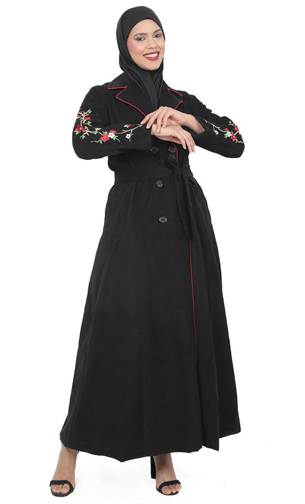 Women's Black Button Down Embroidered Corduroy Abaya - EastEssence.com