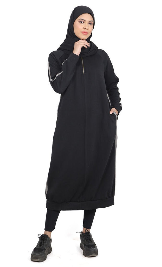 Women's Black Fleece Long Tunic With Side Contrasted Panel And Pockets - EastEssence.com