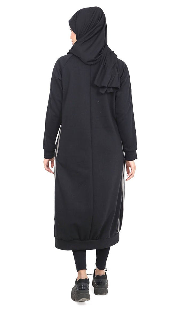 Women's Black Fleece Long Tunic With Side Contrasted Panel And Pockets - EastEssence.com