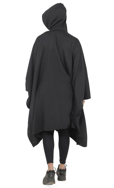Women's Black Kaftan Style Warm Fleece Hooded Tunic With Pockets - EastEssence.com