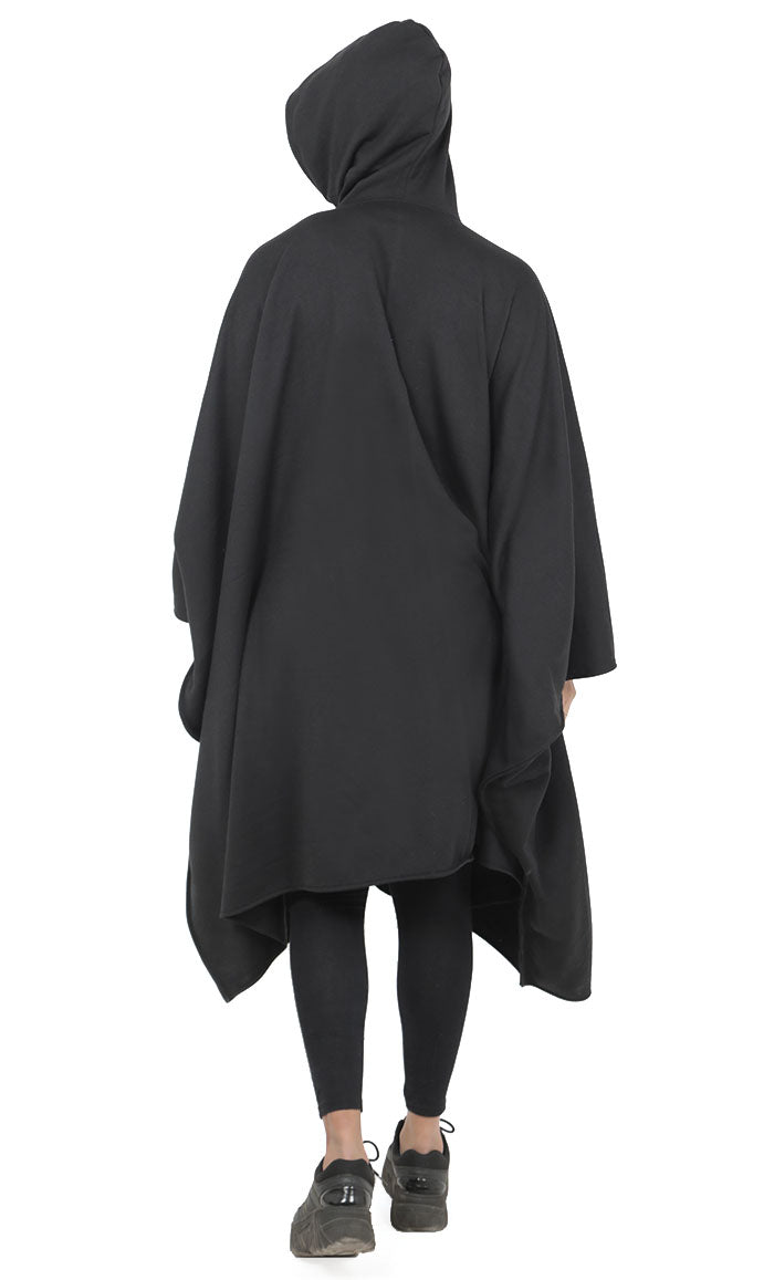 Women's Black Kaftan Style Warm Fleece Hooded Tunic With Pockets - EastEssence.com