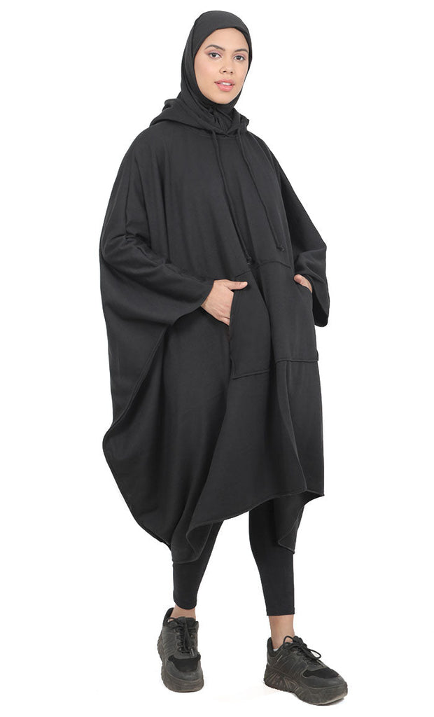 Women's Black Kaftan Style Warm Fleece Hooded Tunic With Pockets - EastEssence.com