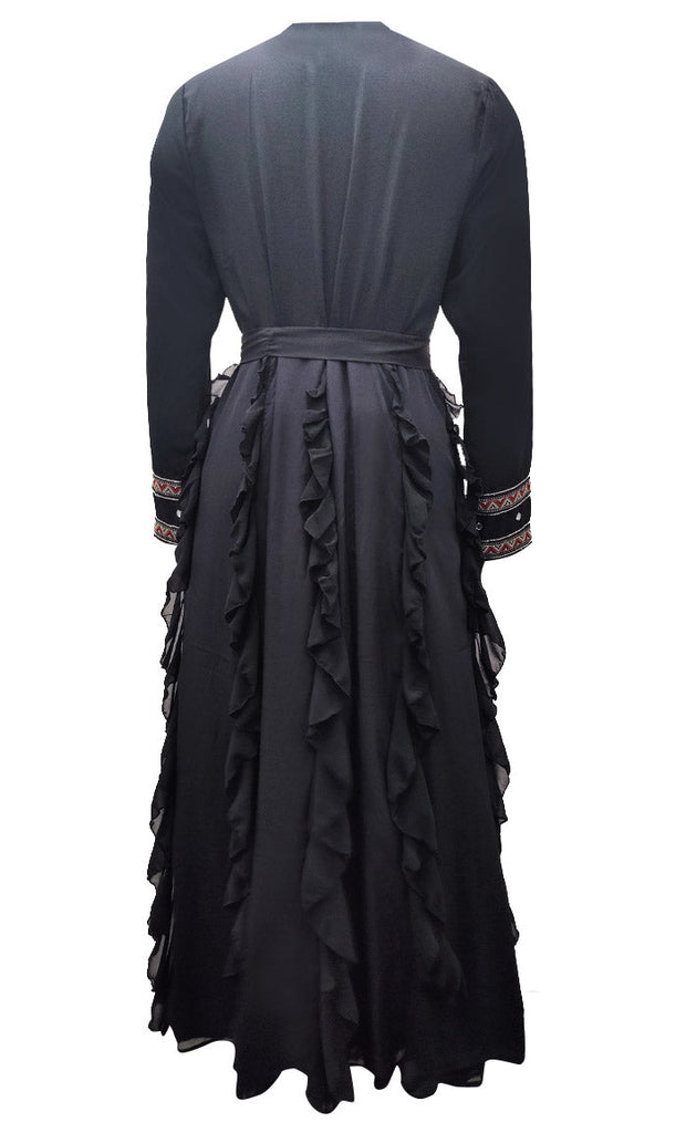 Women's Black Lace And Ruffle Detailing Abaya