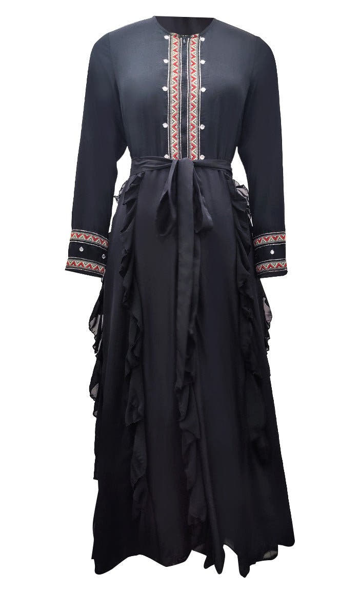 Abaya noire pour femme avec détails en dentelle et volants