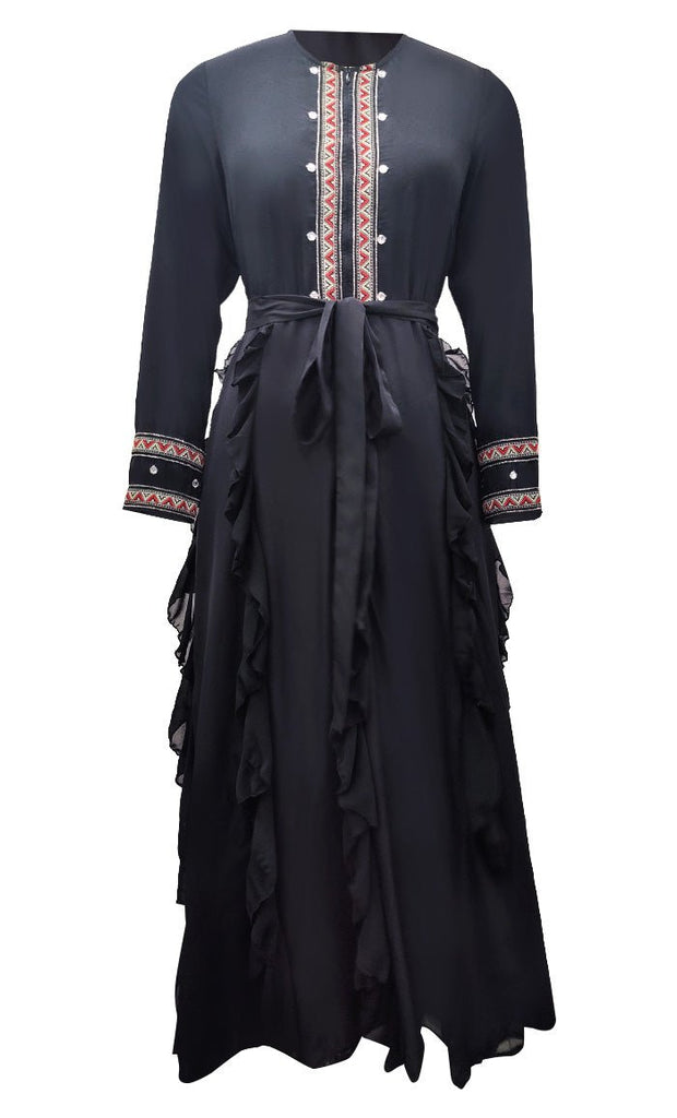 Women's Black Lace And Ruffle Detailing Abaya