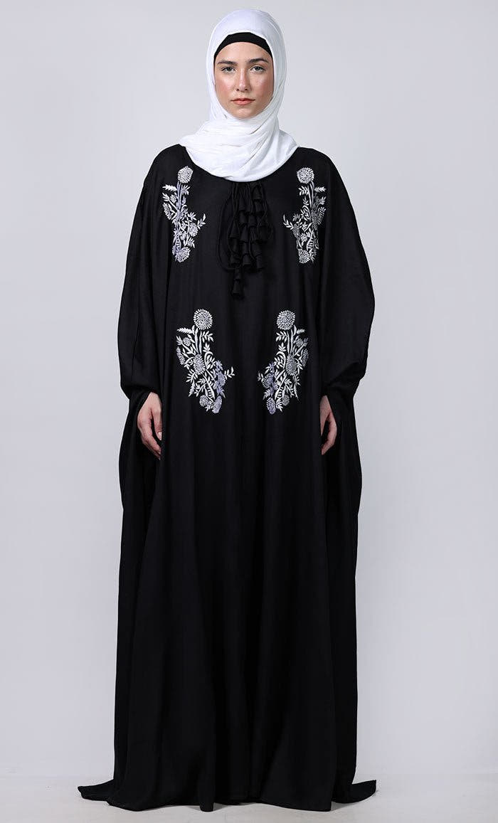 Women’s Black New Embroidered Patch Work Detail Kaftan Style Abaya