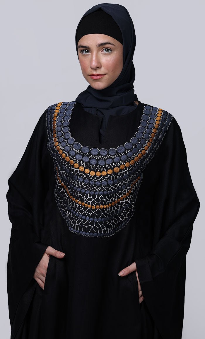 Women's Black New Embroidered Work Detailing Kaftan Style Abaya - EastEssence.com