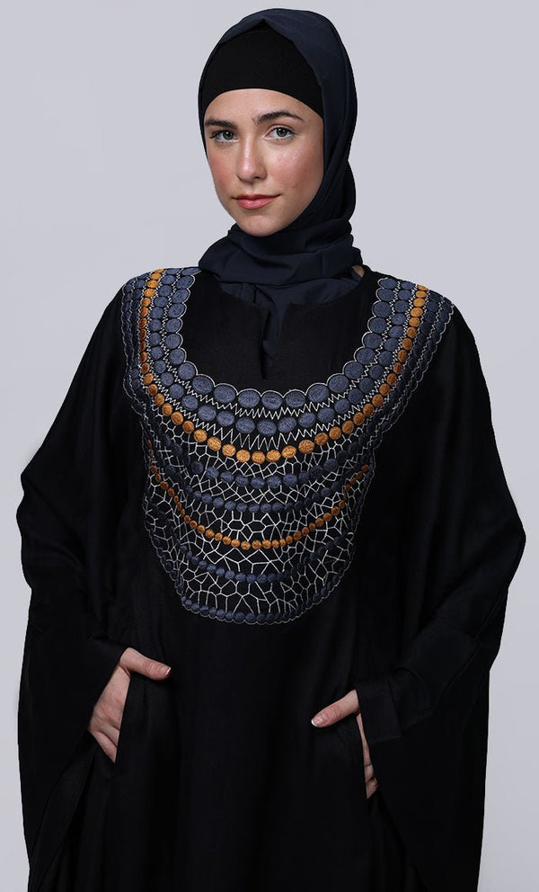Women's Black New Embroidered Work Detailing Kaftan Style Abaya - EastEssence.com