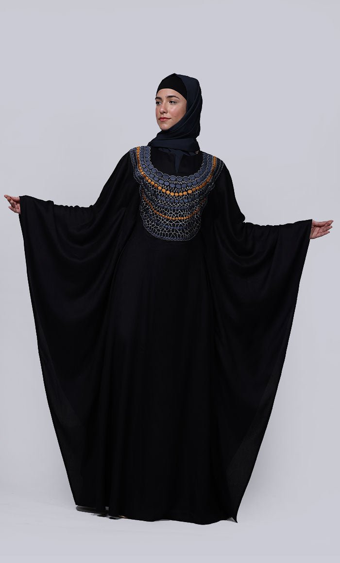 Women's Black New Embroidered Work Detailing Kaftan Style Abaya - EastEssence.com