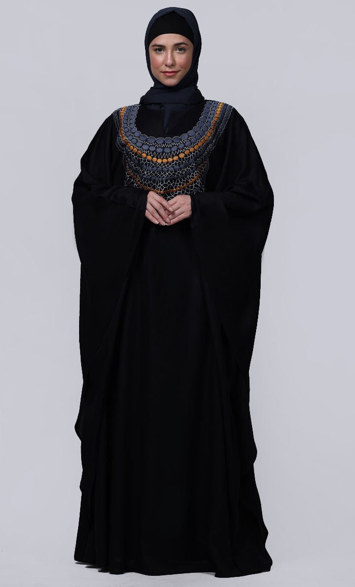 Women's Black New Embroidered Work Detailing Kaftan Style Abaya - EastEssence.com