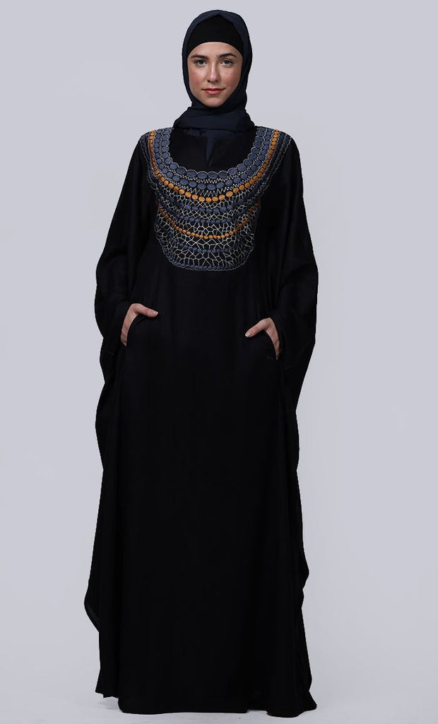 Women's Black New Embroidered Work Detailing Kaftan Style Abaya - EastEssence.com