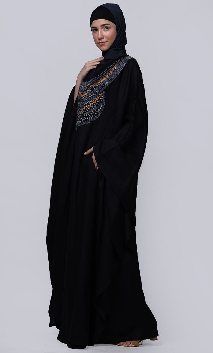 Women's Black New Embroidered Work Detailing Kaftan Style Abaya - EastEssence.com