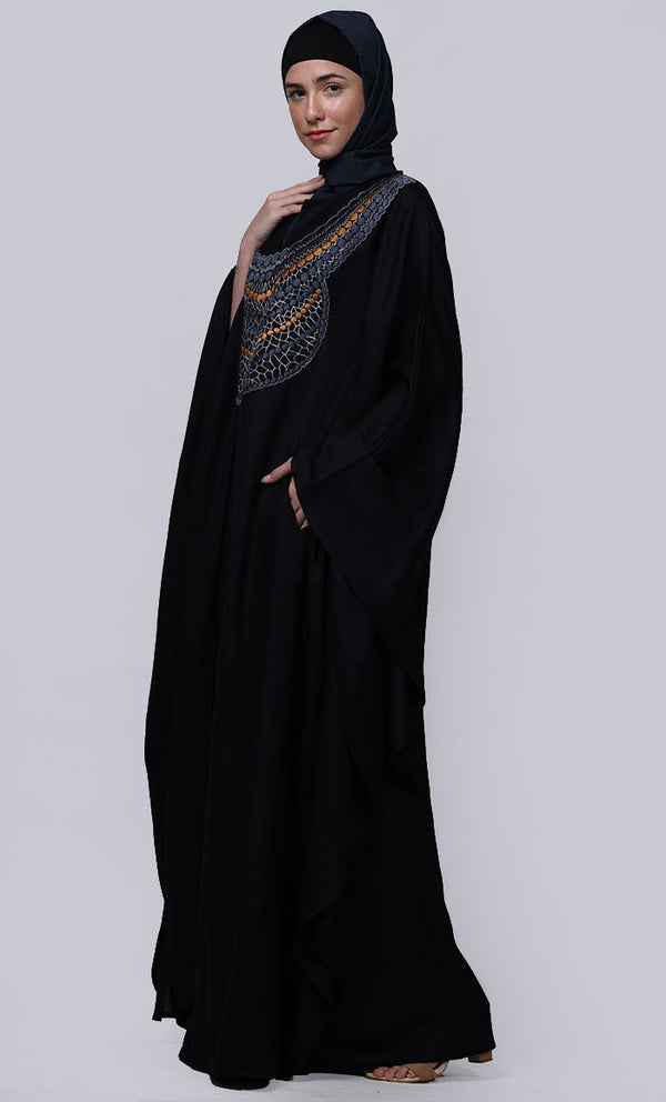 Women's Black New Embroidered Work Detailing Kaftan Style Abaya - EastEssence.com