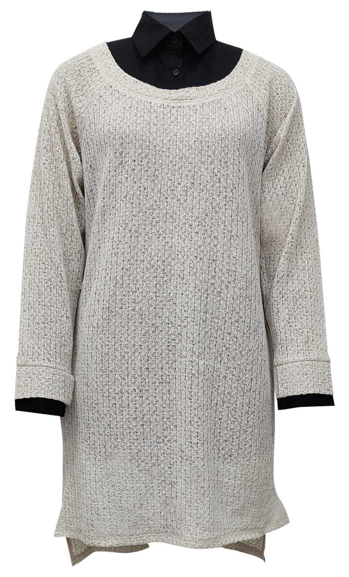 Women's Black Shirt Collar Detailing Cream Tunic - EastEssence.com