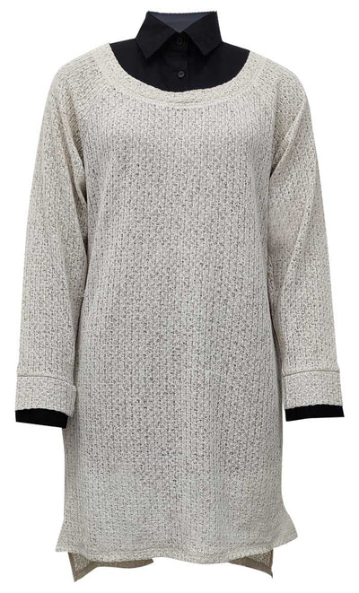 Women's Black Shirt Collar Detailing Cream Tunic - EastEssence.com