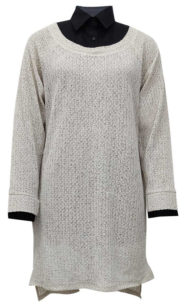 Women's Black Shirt Collar Detailing Cream Tunic - EastEssence.com