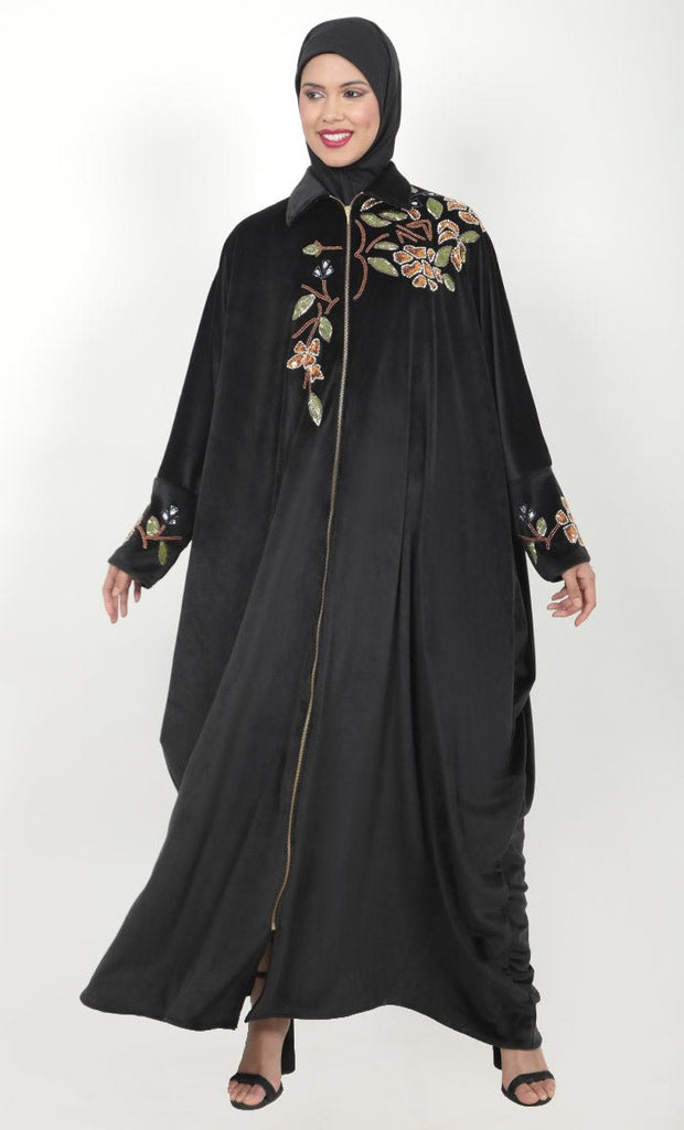 Women's Black Velour Full Hand Work Embroidered Kaftan With Front Zipper And Pockets - EastEssence.com
