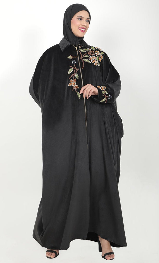 Women's Black Velour Full Hand Work Embroidered Kaftan With Front Zipper And Pockets - EastEssence.com