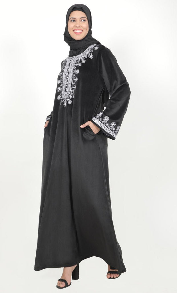 Women's Black Velour Kashmiri Phirans With Embroidery And Pockets - EastEssence.com