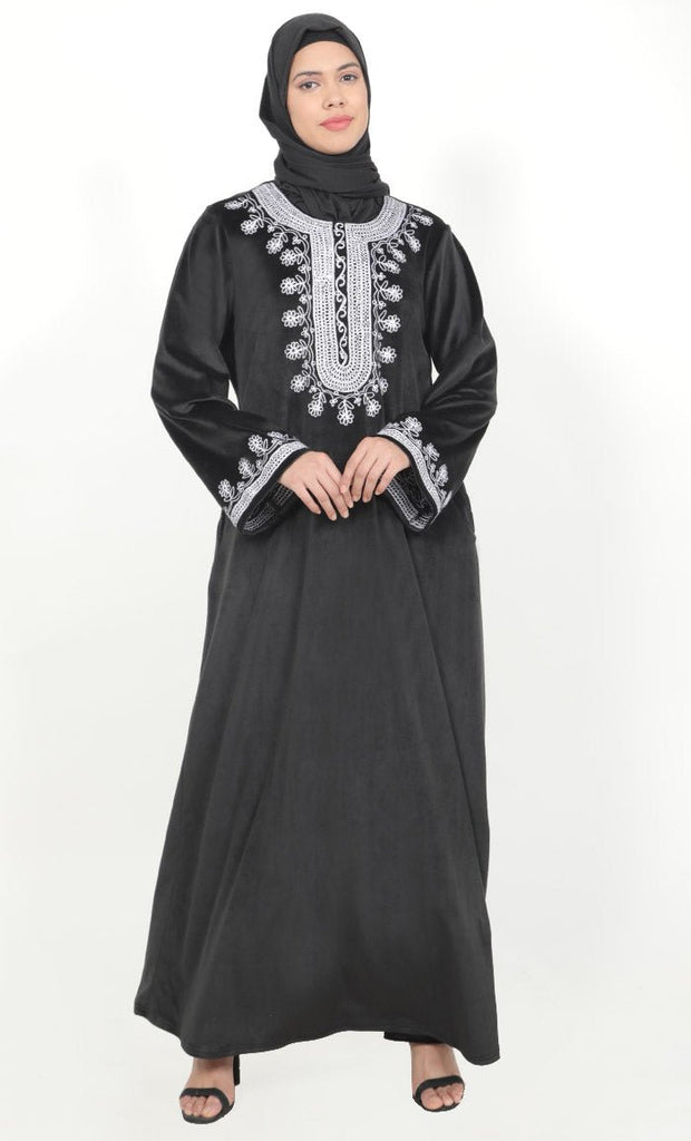 Women's Black Velour Kashmiri Phirans With Embroidery And Pockets - EastEssence.com