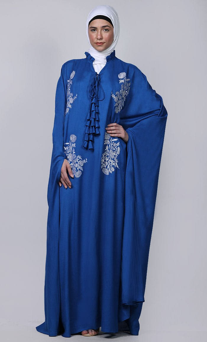 Women’s Blue New Embroidered Patch Work Detail Kaftan Style Abaya