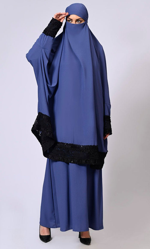 Women's Blue Niqab and Abaya Set with Stylish Lace Detailing - EastEssence.com