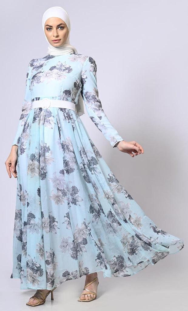 Women's Blue Printed Flared Abaya With Belt